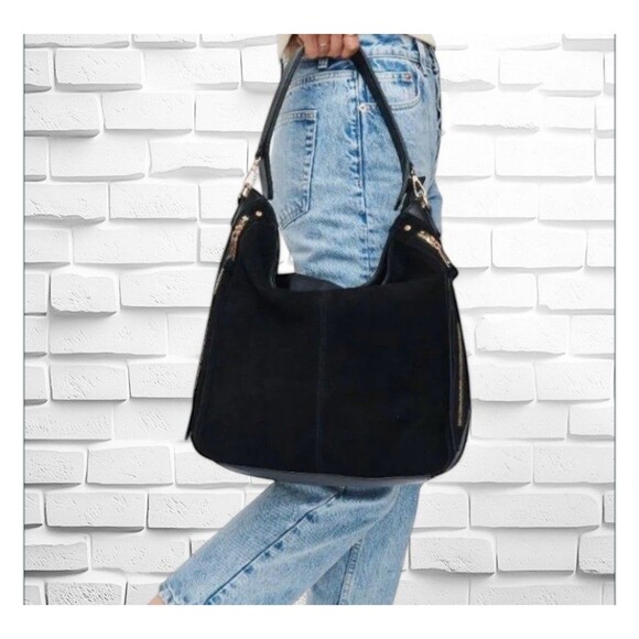 Moda Luxe Vegan Leather & Suede Large Slouchy Hobo Bag Black With Gold Hardware - Picture 14 of 15